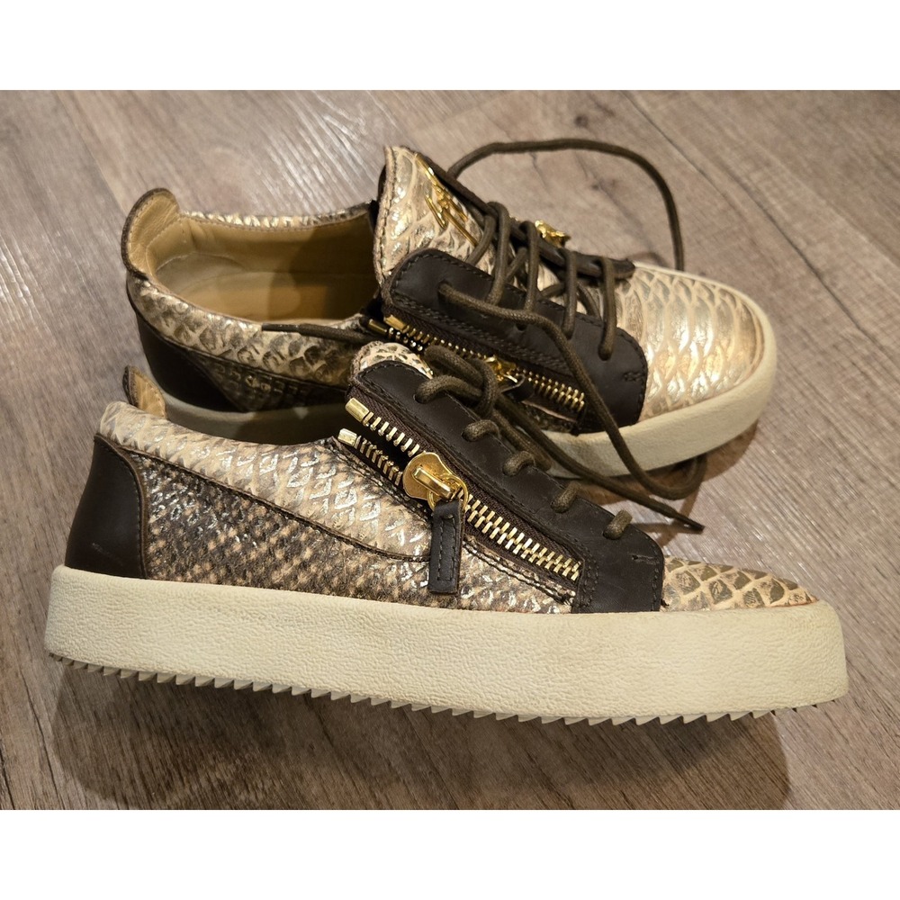 Giuseppe Zanotti Frankie Brown Tan Python Embossed Leather Sneakers EU 37 Luxury